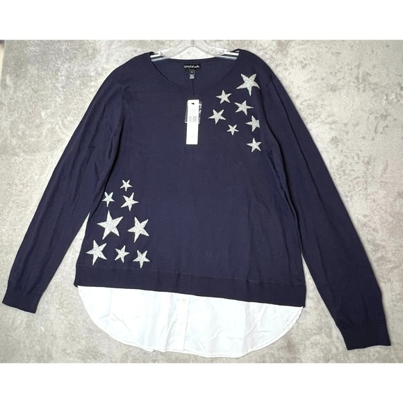 long tall sally Sweaters - NWT Long Tall Sally Star Placement Sweater Layered Hem Crewneck Navy Casual Chic